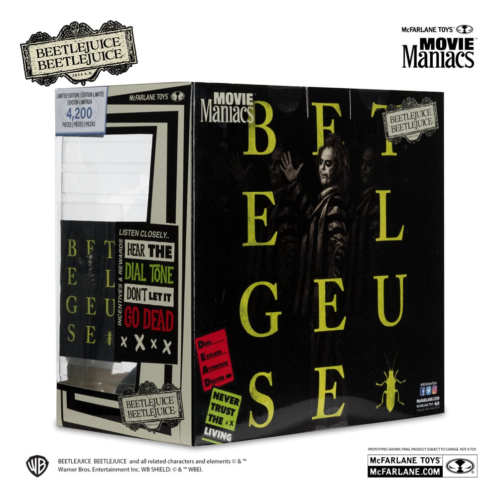 Emballage boîte-fenêtre ouvert montrant les statuettes Beetlejuice