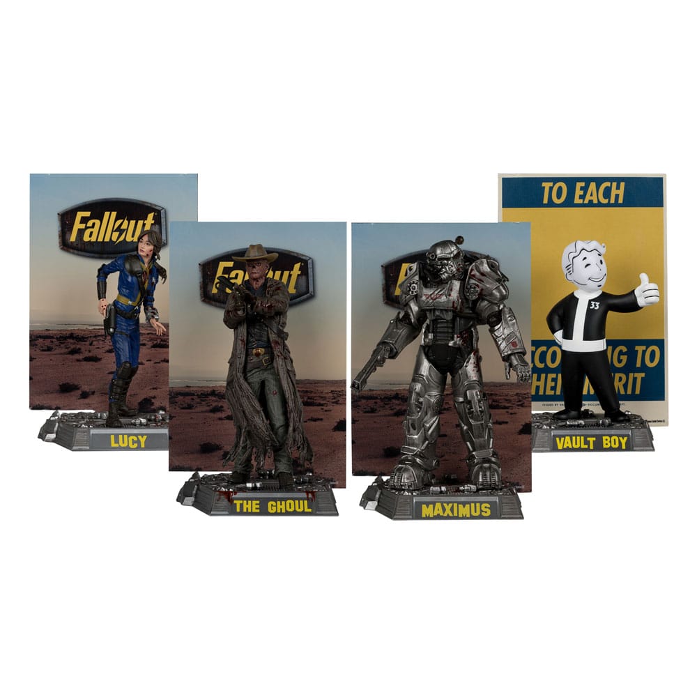 Pack 4 statuettes Fallout McFarlane Toys Lucy, Maximus, The Ghoul, Vault Boy en boîte-fenêtre