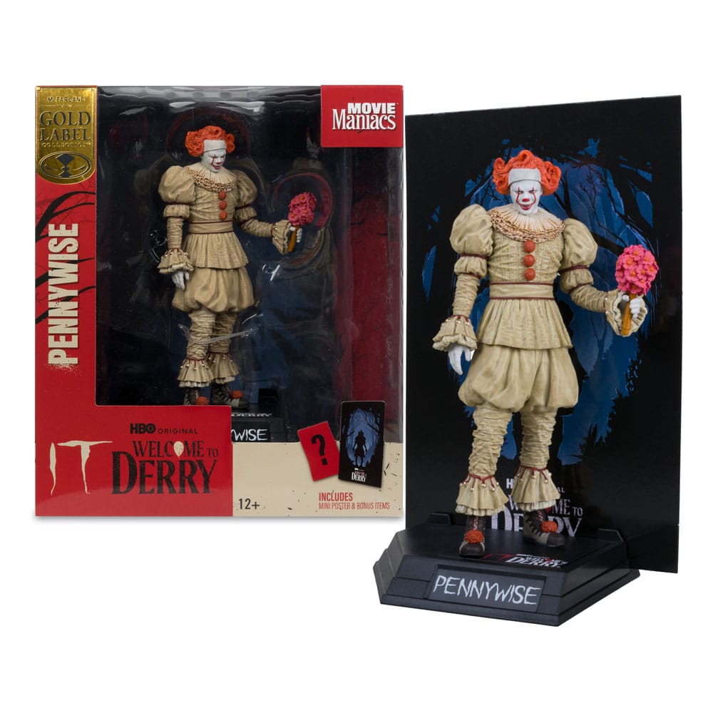 Figurine Pennywise PVC Gold Label avec socle et arrière-plan thématique