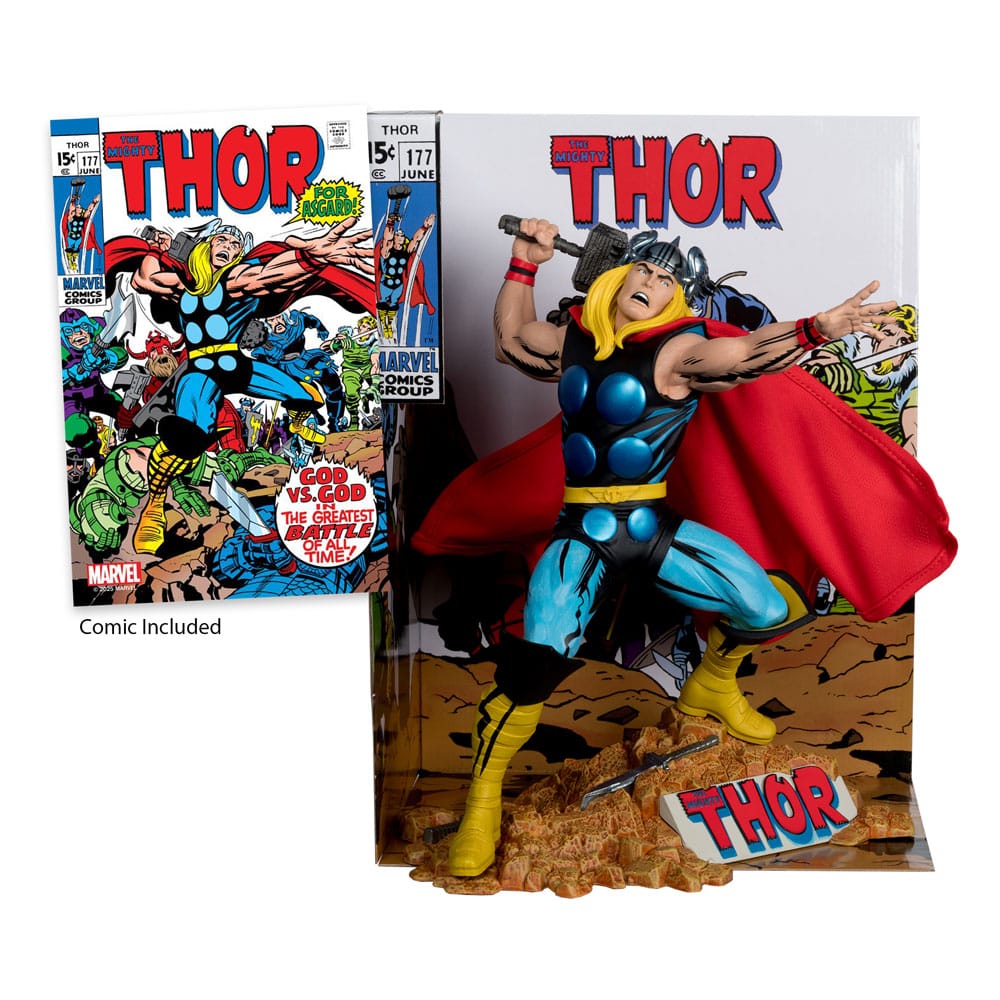Détail de la statuette Thor 26cm sur son socle diorama rocheux