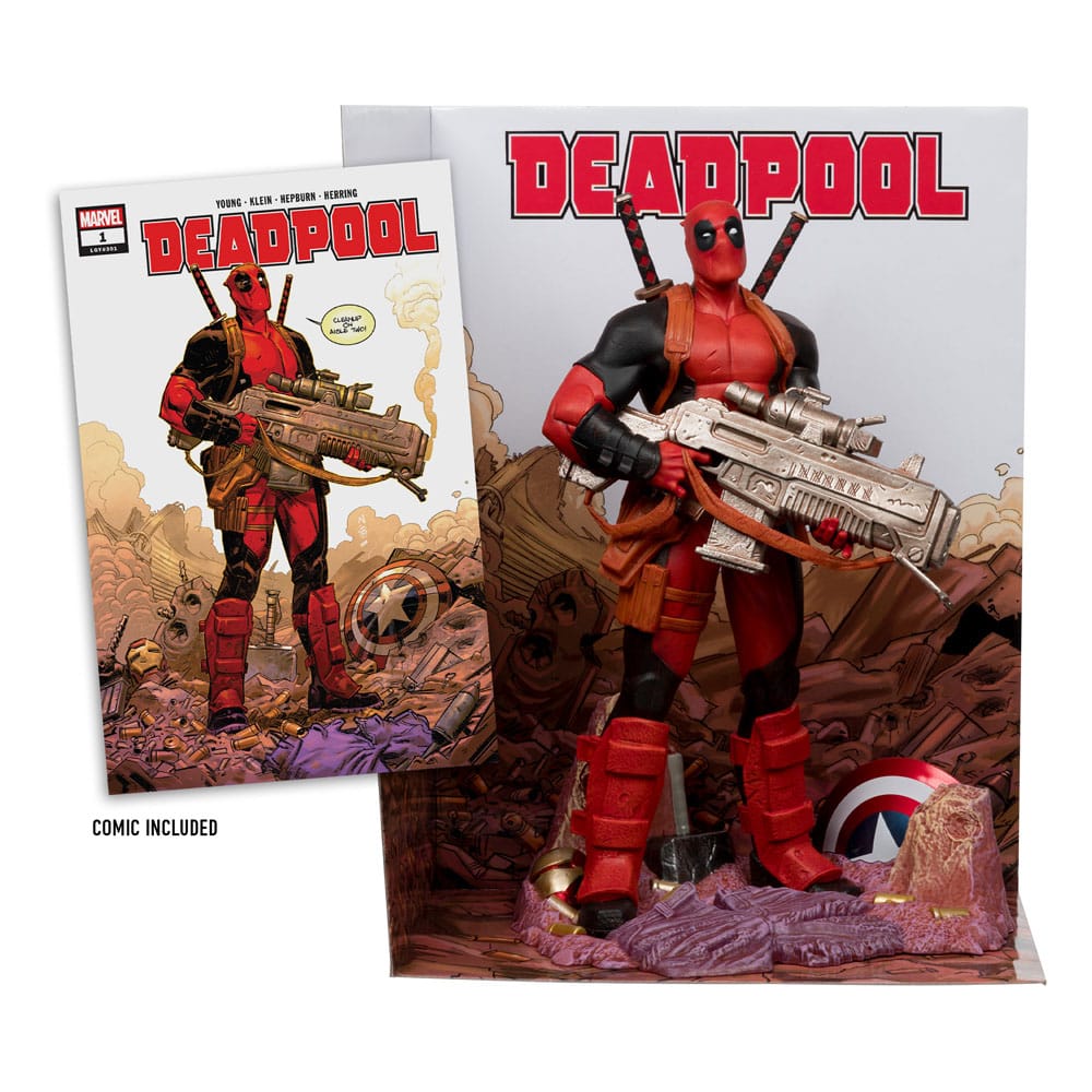Détail de la statuette Deadpool McFarlane Toys, pose dynamique