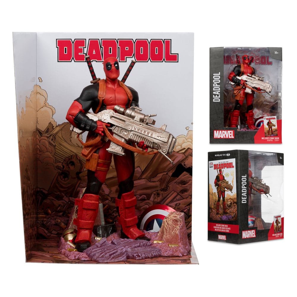 Statuette Deadpool sur son socle diorama, vue arrière