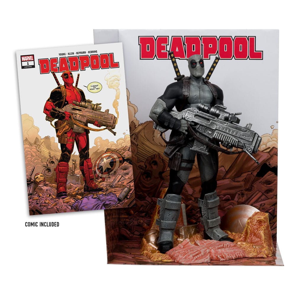 Figurine Deadpool Grey Suit Chase en PVC, vue latérale avec diorama