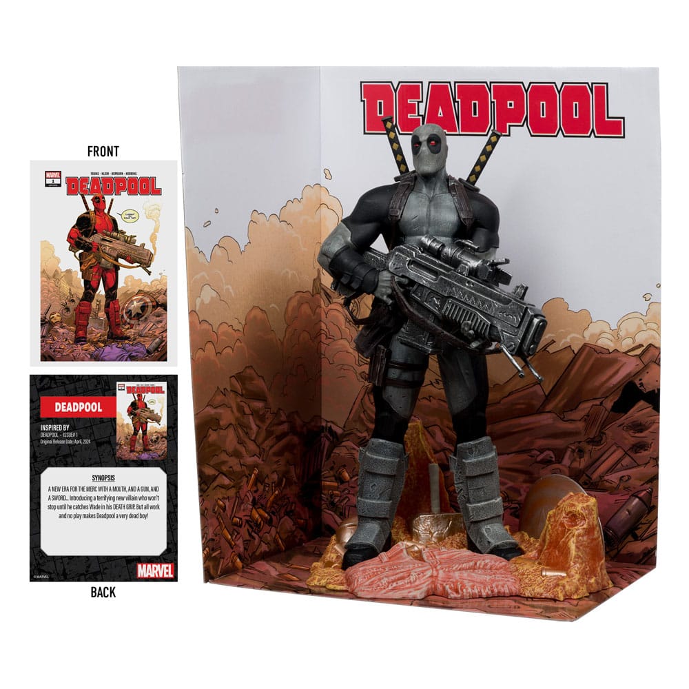 Détail du costume gris de Deadpool et de l'arme, statuette McFarlane