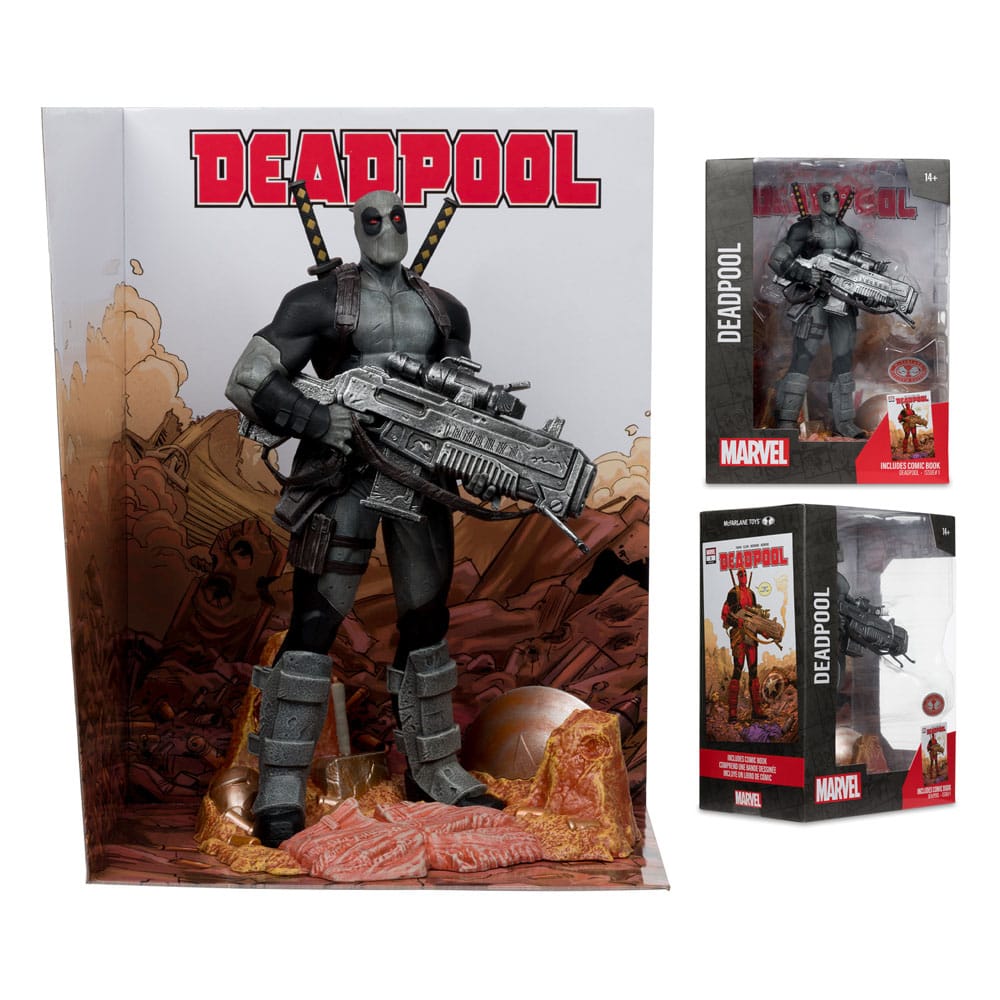 Vue d'ensemble de la statuette Deadpool Grey Suit Chase et du comic book inclus