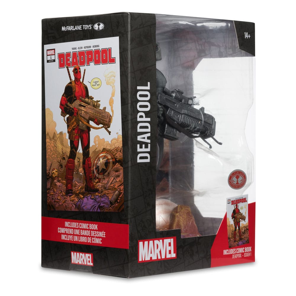 Statuette Deadpool McFarlane Toys, vue de 3/4, montrant les détails du socle