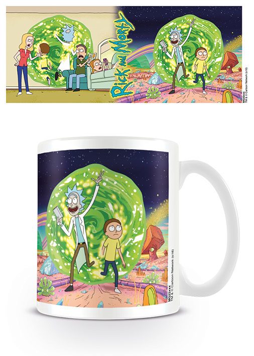 Mug Rick et Morty Portal officiel en céramique, montrant le design du portail vert emblématique sur fond noir, marque Pyramid International.