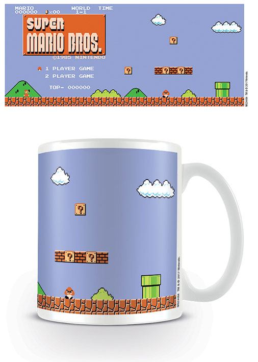 Mug Super Mario Bros. Retro Title en céramique, montrant le logo classique du jeu sur un fond blanc.