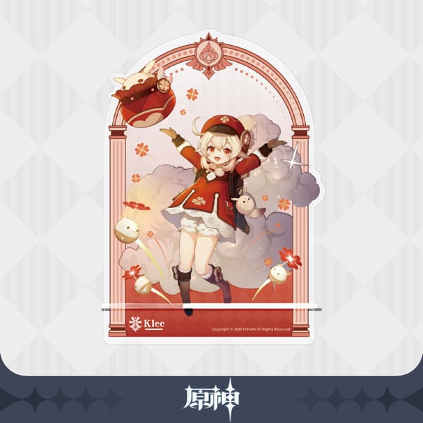 Support de téléphone en acrylique Klee de Genshin Impact, licence officielle MiHoYo, 17 cm de hauteur, montrant Klee dans sa pose emblématique.