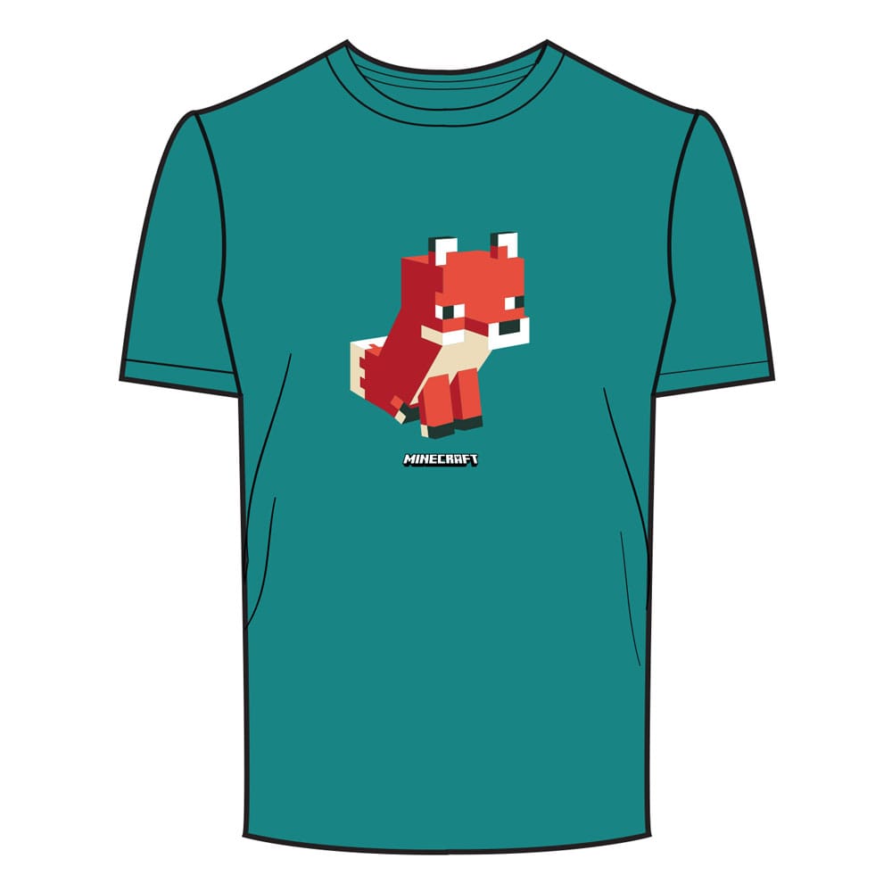 T-Shirt Minecraft blanc avec un renard pixelisé simple et le logo Minecraft, taille L