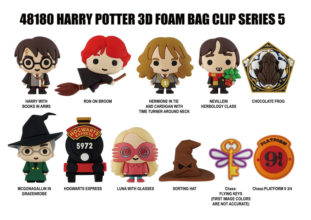 Gros plan sur l'assortiment de porte-clés Harry Potter 3D, montrant plusieurs personnages et objets de la Série 5.