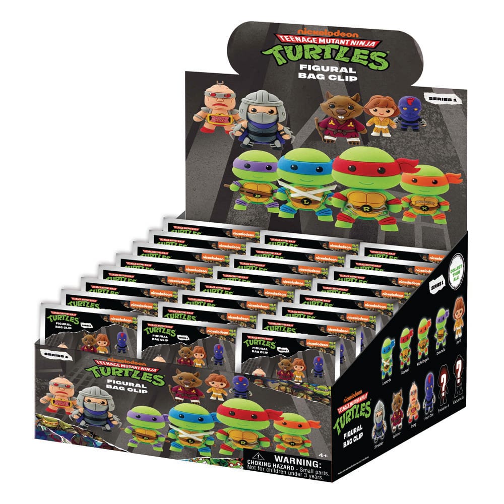 Détail des personnages des Tortues Ninja (Leonardo, Michelangelo, Donatello, Raphael) en porte-clés 3D.