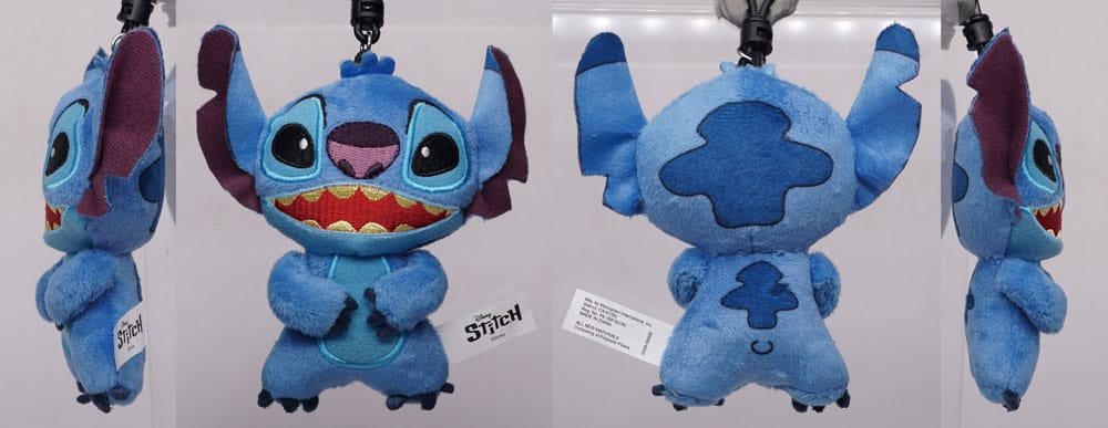 Porte-clés Stitch accroché à un sac à dos, montrant sa taille