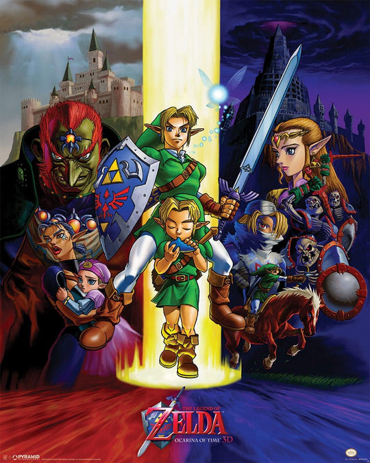 Pack de 4 posters The Legend of Zelda Ocarina of Time officiels 40x50 cm par Pyramid International, montrant Link, Zelda et d'autres personnages emblématiques.