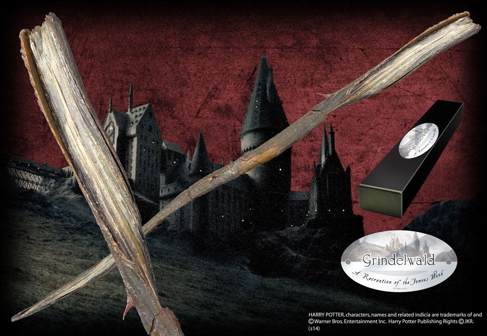 Réplique détaillée de la baguette de Grindelwald Noble Collection dans sa boîte de collection Harry Potter.