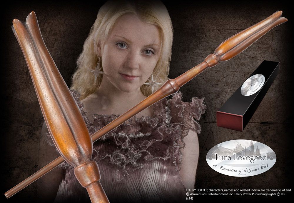Réplique officielle de la baguette de Luna Lovegood par Noble Collection, présentée dans sa boîte collector Harry Potter.