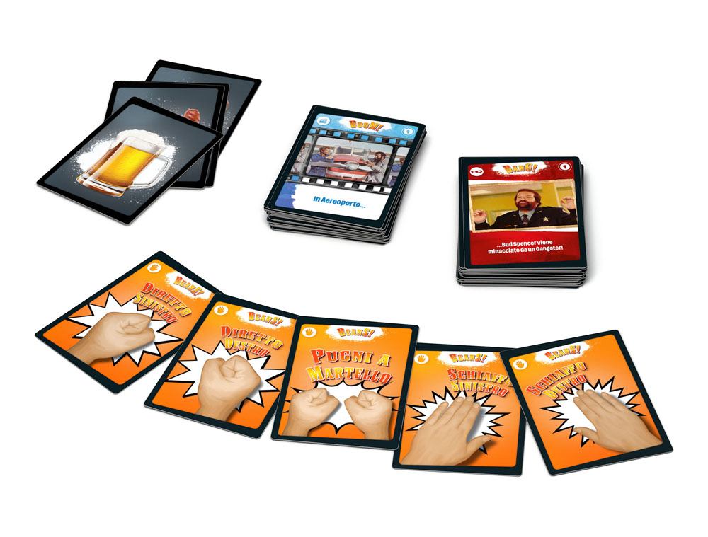 Exemple de cartes du jeu BEANS BOOM BANG! avec illustrations de Bud Spencer et Terence Hill