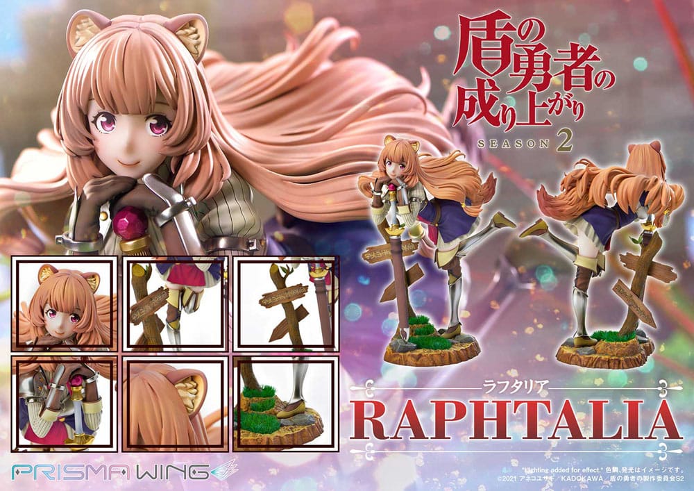 Gros plan sur les accessoires et textures de la statuette Raphtalia