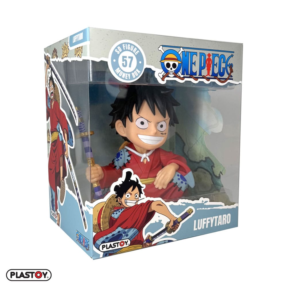 Tirelire Luffytaro One Piece 15cm en PVC sur fond neutre