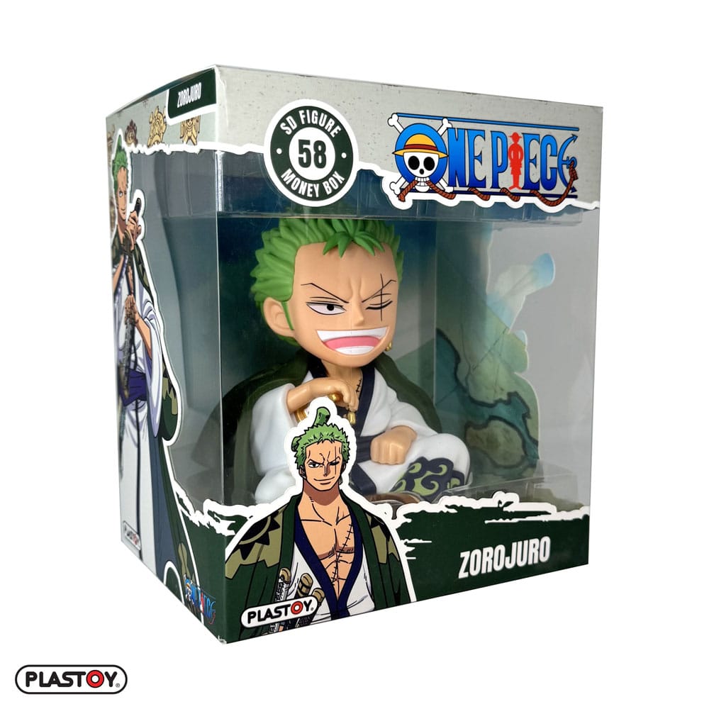 Vue arrière de la tirelire One Piece Zorojuro Plastoy