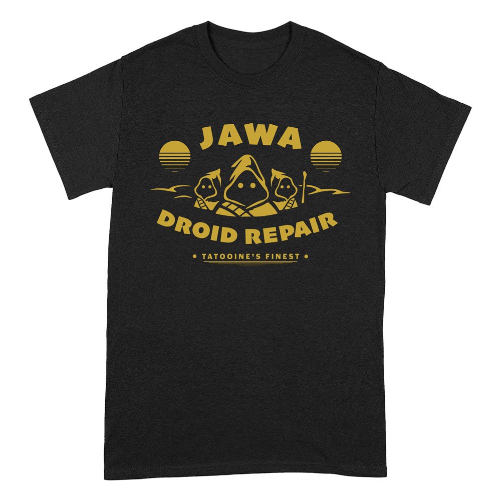T-shirt Star Wars Jawa Droid Repair taille S, motif des Jawas réparant un droïde, sur fond noir, produit officiel PCMerch.