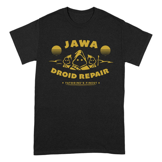 T-shirt Star Wars Jawa Droid Repair taille S, motif des Jawas réparant un droïde, sur fond noir, produit officiel PCMerch.