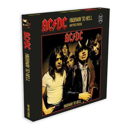 Boîte du puzzle AC/DC Rock Saws Highway To Hell 500 pièces, montrant l'illustration de l'album et les logos