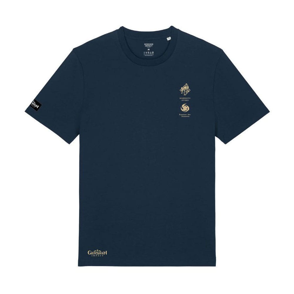 Gros plan du design Kamisato Ayaka Frostlake Heron sur T-shirt Genshin Impact