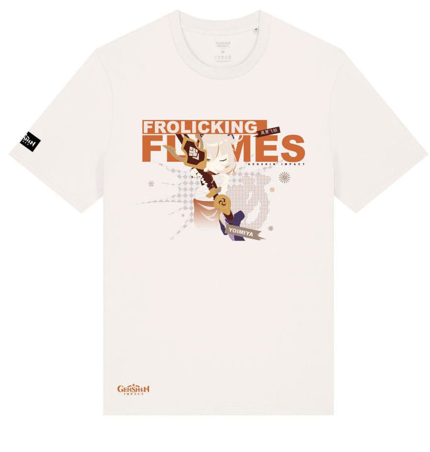 T-Shirt Genshin Impact Yoimiya Frolicking Flames taille L, vue de face avec le personnage Yoimiya