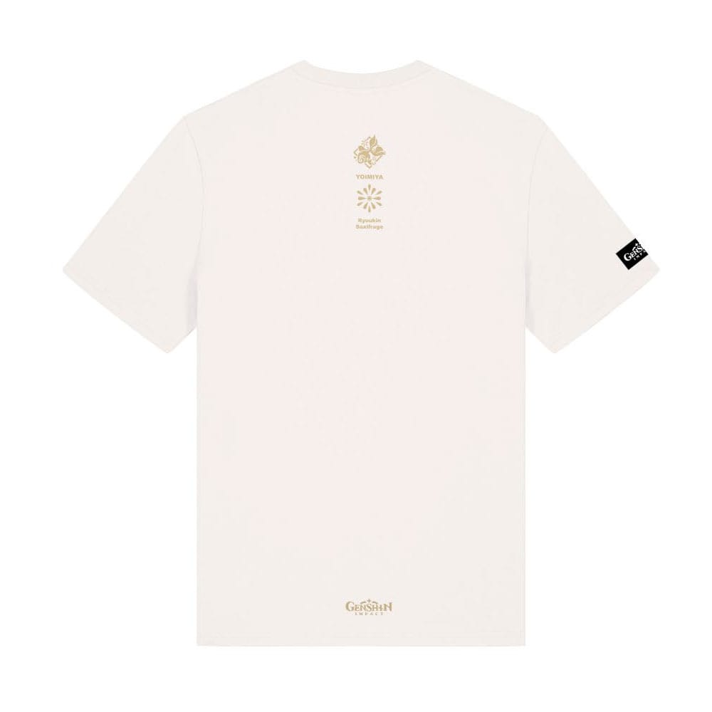 Détail du motif Yoimiya Frolicking Flames sur le T-shirt officiel Genshin Impact