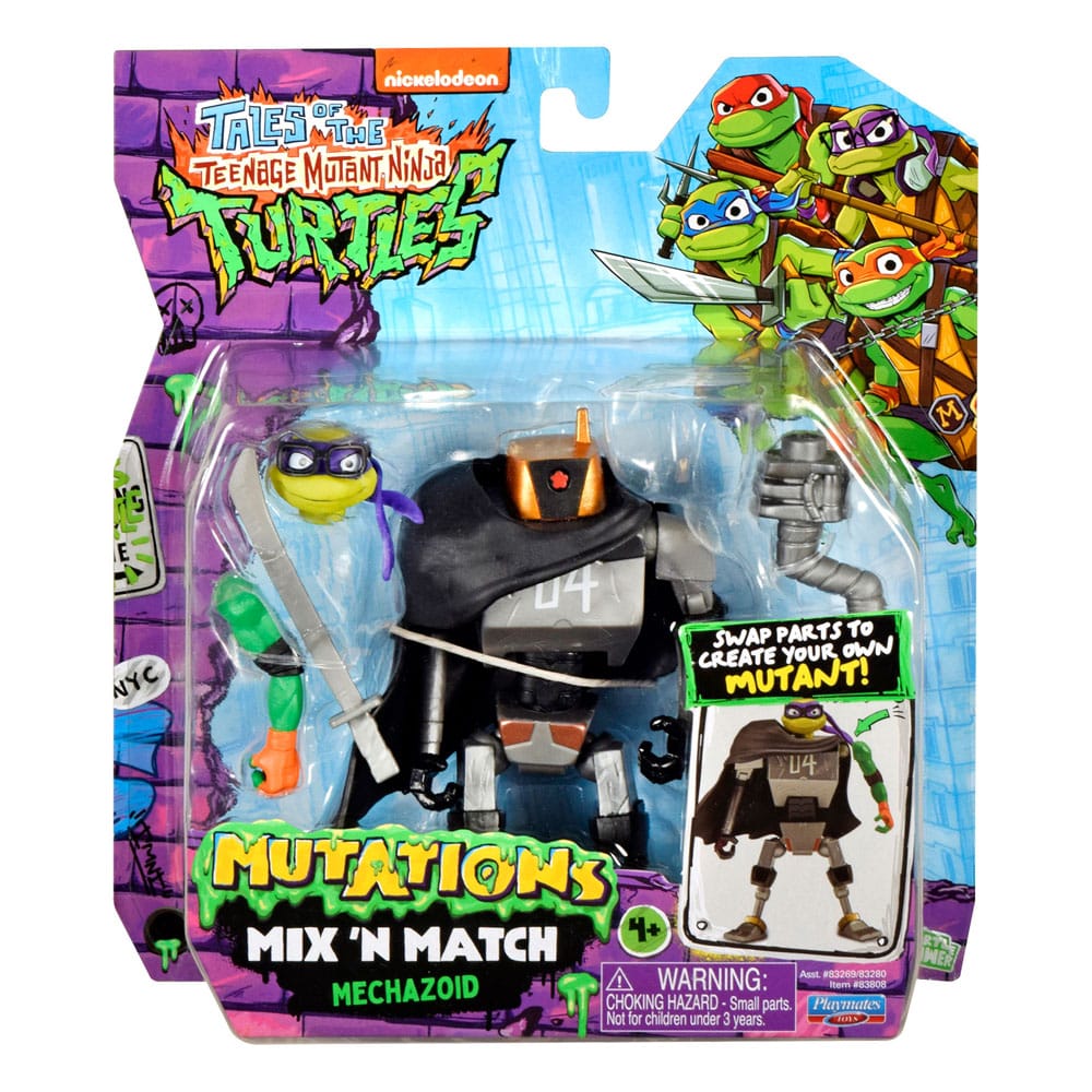 Gros plan sur les pièces interchangeables de la figurine TMNT Mechazoid : tête de Donnie, bras de Mikey, armes.
