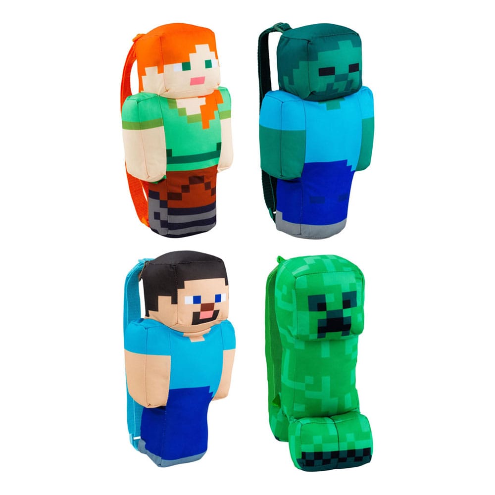 Assortiment de 4 sacs à dos peluche Minecraft 30cm (Steve, Alex, Creeper, Zombie)