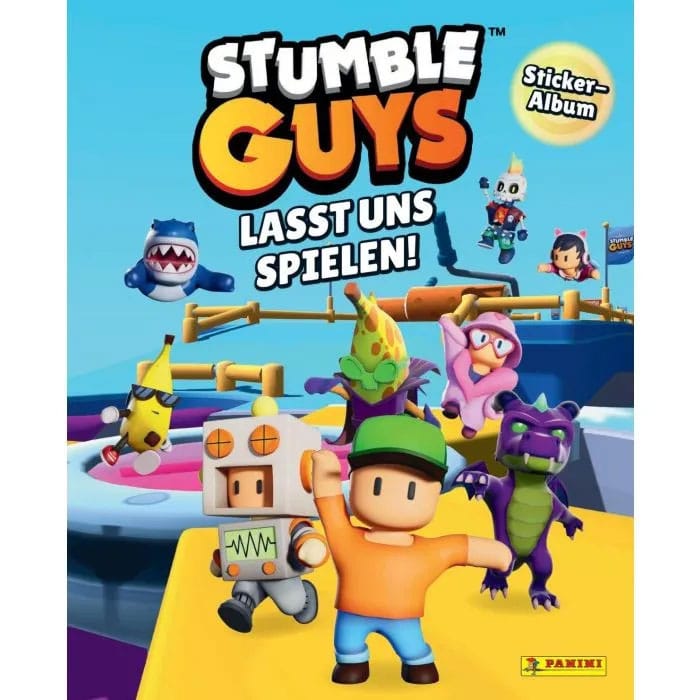 Album de collection Panini Stumble Guys avec des stickers de personnages du jeu, version allemande.