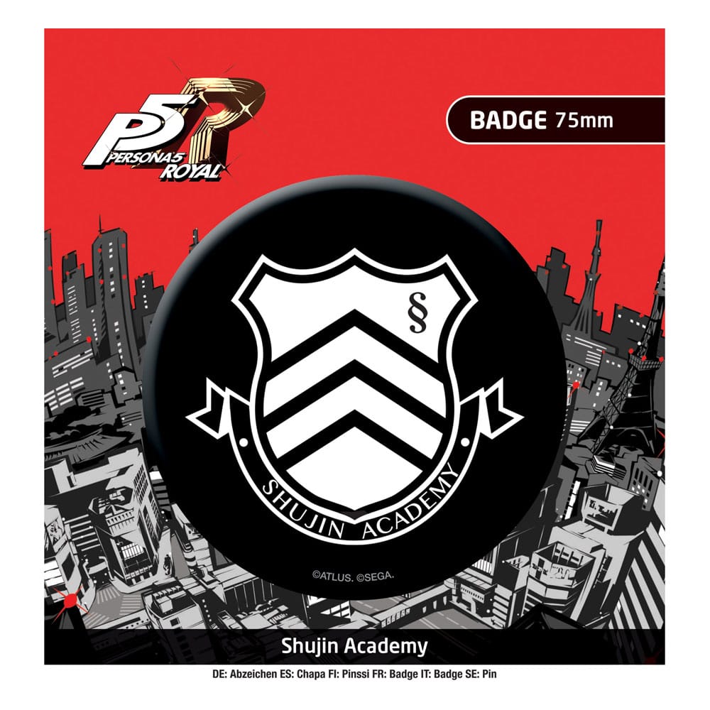Pin officiel Persona 5 Royal Shujin Academy de 75mm par POPbuddies, en métal, sur fond neutre.