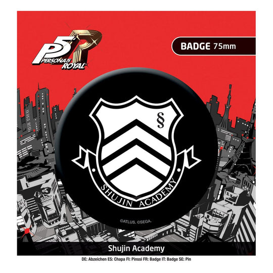 Pin officiel Persona 5 Royal Shujin Academy de 75mm par POPbuddies, en métal, sur fond neutre.