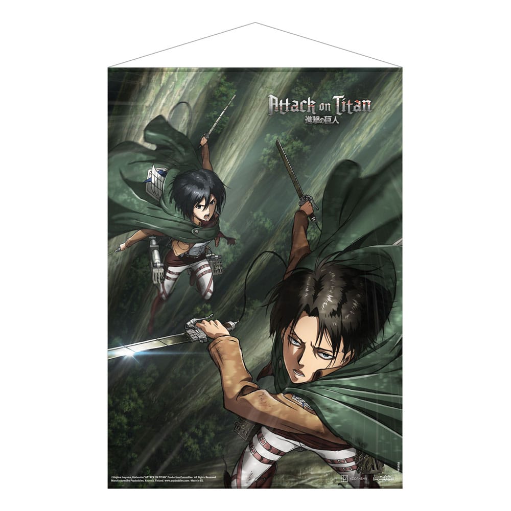 Wallscroll officiel Attack on Titan avec Mikasa et Levi 50x70cm de POPbuddies, idéal pour les fans d'anime.