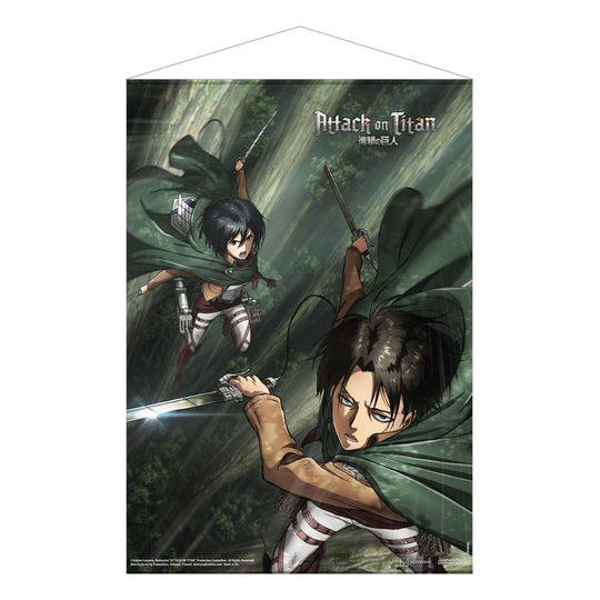 Wallscroll officiel Attack on Titan avec Mikasa et Levi 50x70cm de POPbuddies, idéal pour les fans d'anime.