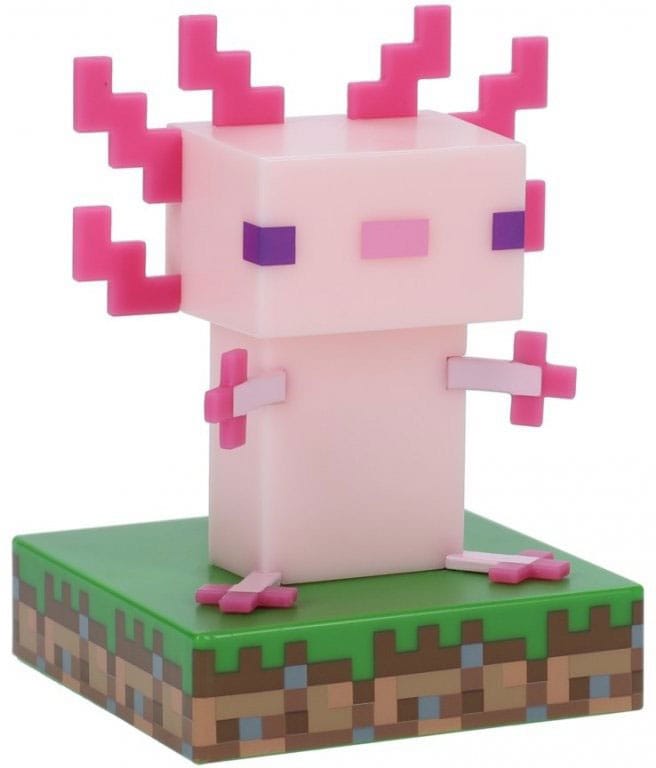 Veilleuse Minecraft Icon Axolotl de Paladone allumée, montrant sa lumière douce et sa forme détaillée.