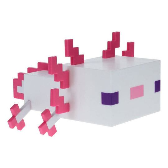 Veilleuse Axolotl Minecraft Paladone allumée, émettant une lumière rose douce
