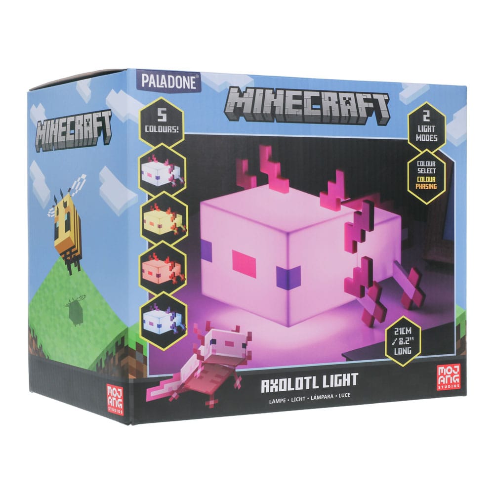 Lampe Axolotl Minecraft de 21cm, vue de face, sur une table de chevet