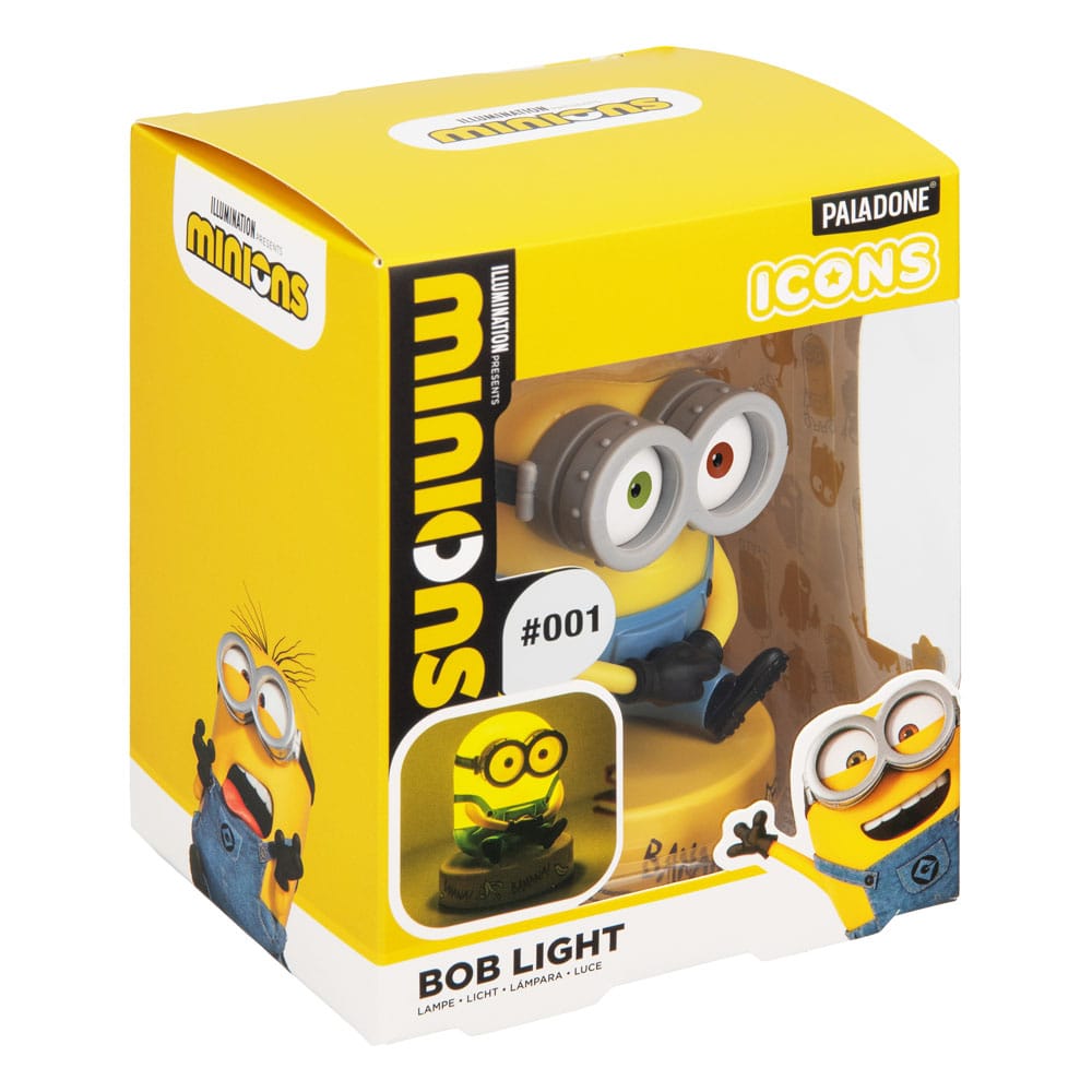Lampe Minions Bob Icons 11cm, éteinte, posée sur une étagère avec d'autres objets décoratifs