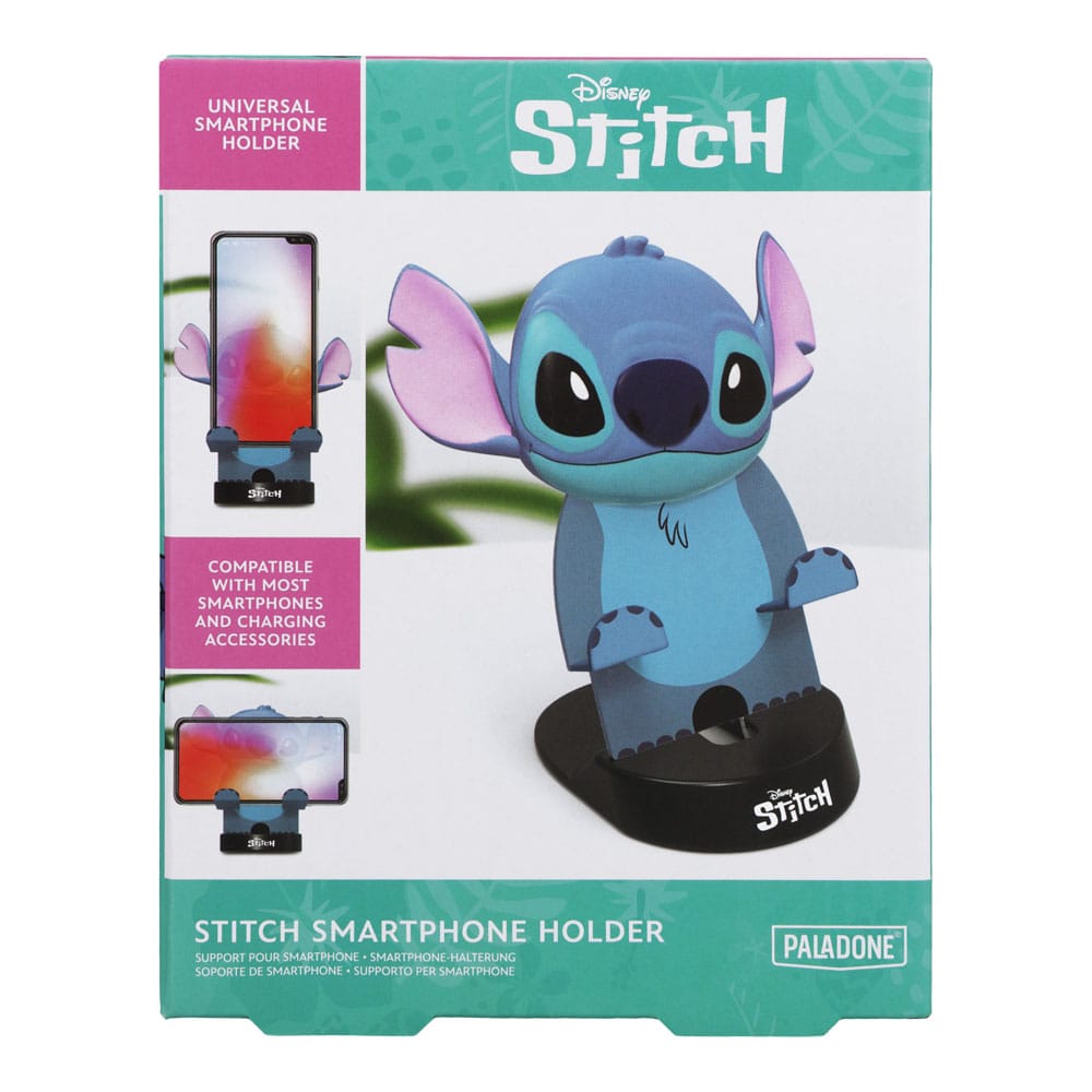 Détail du support téléphone Stitch, visage expressif