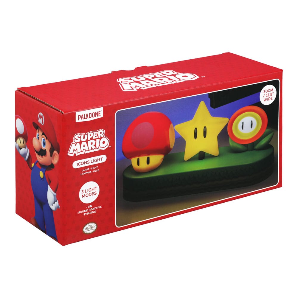 Lampe Super Mario Icons 30cm dans un environnement gaming, créant une ambiance lumineuse