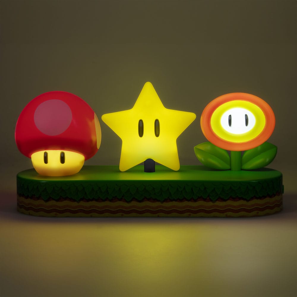 Détail des icônes lumineuses de la lampe Super Mario, avec un focus sur la qualité des symboles