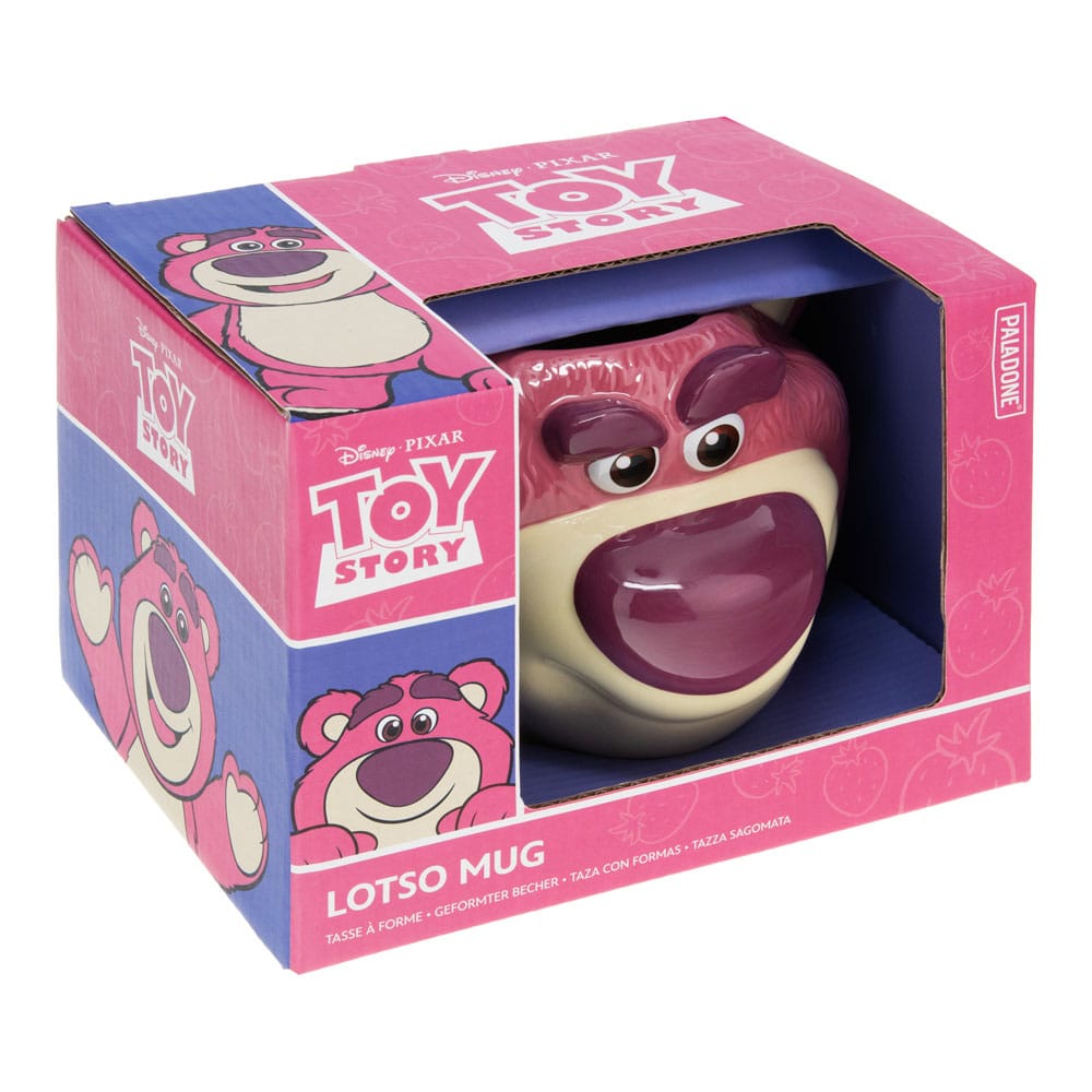 Gros plan sur le visage de Lotso imprimé sur le mug Toy Story.