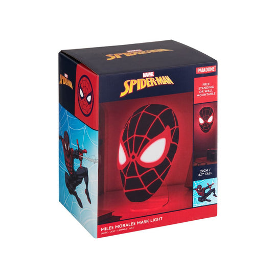 Détail du masque Spider-Man Miles Morales sur la lampe 3D LED Paladone