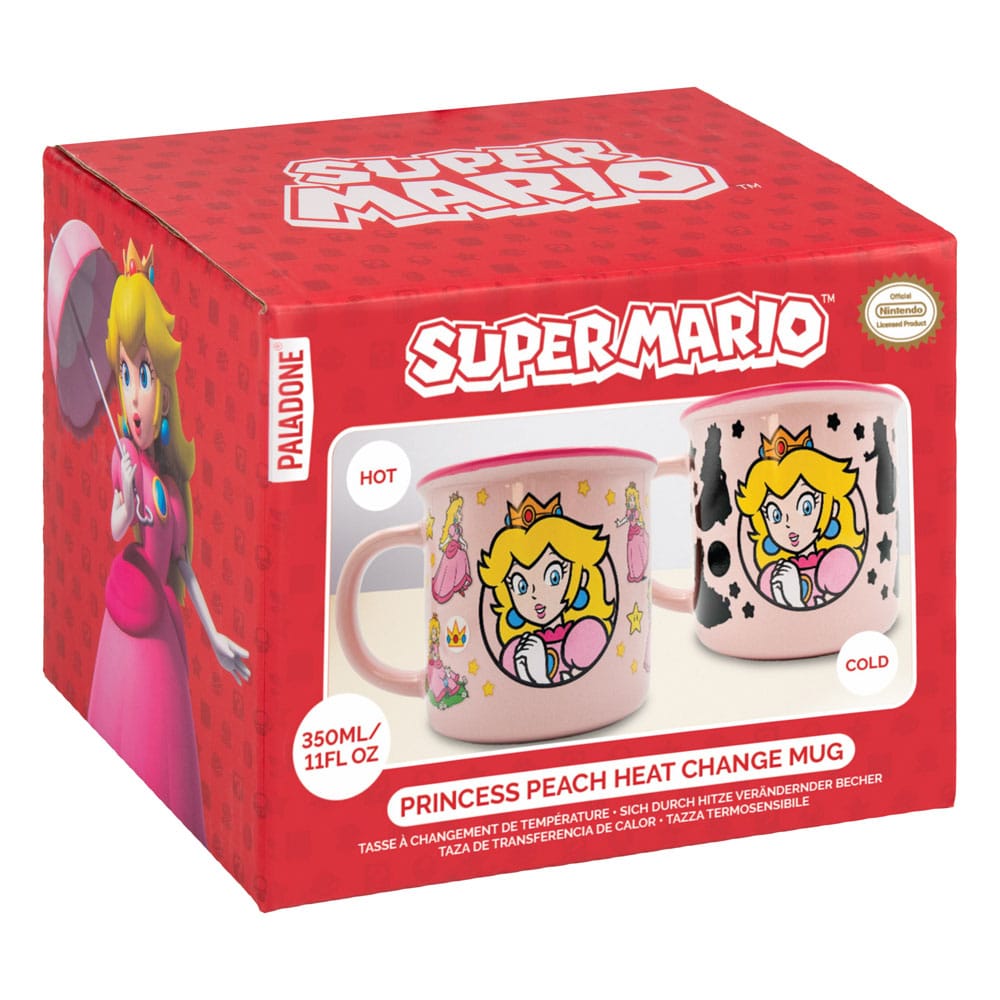 Gros plan sur le décor changeant du mug Princesse Peach activé par la chaleur
