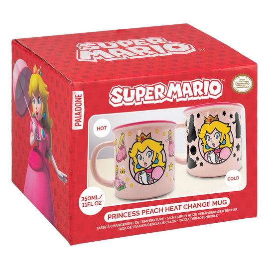 Gros plan sur le décor changeant du mug Princesse Peach activé par la chaleur