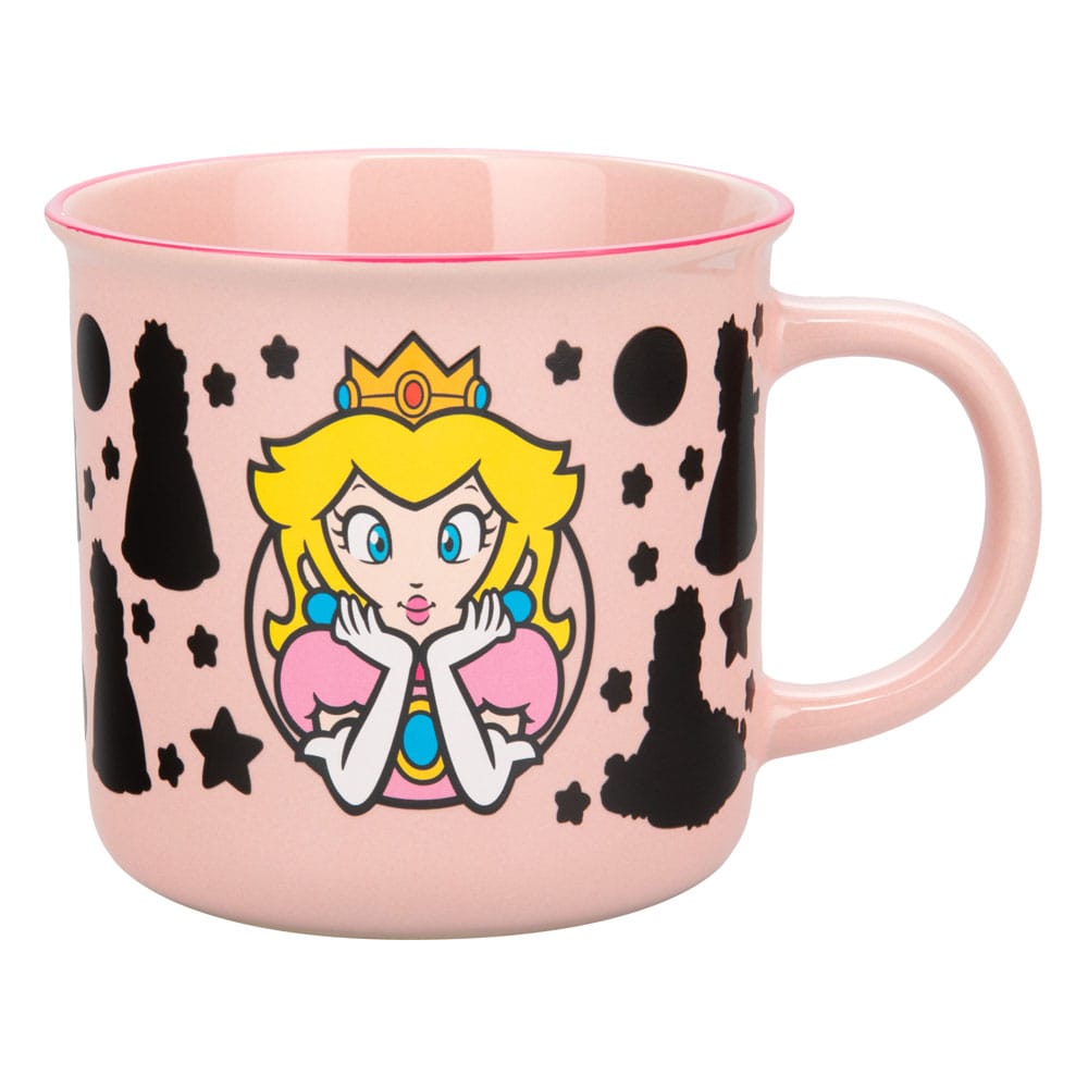 Mug Princesse Peach plein, montrant le design activé et la transformation du décor