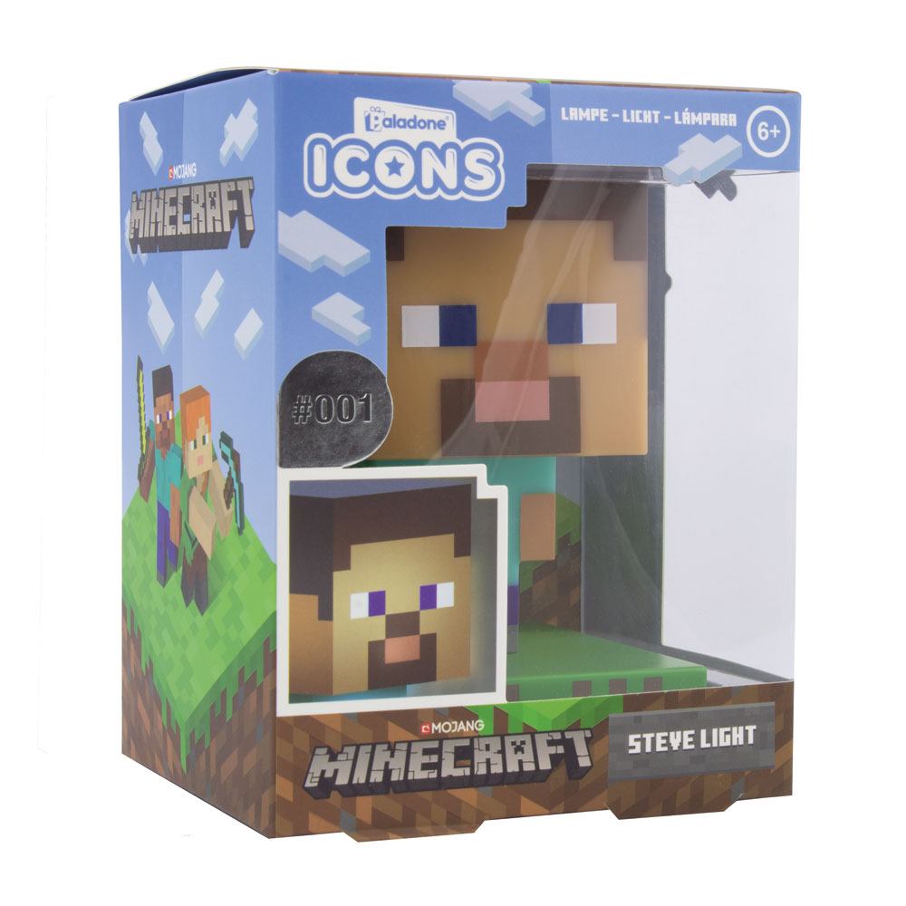 Gros plan sur les détails cubiques de la veilleuse Minecraft Steve